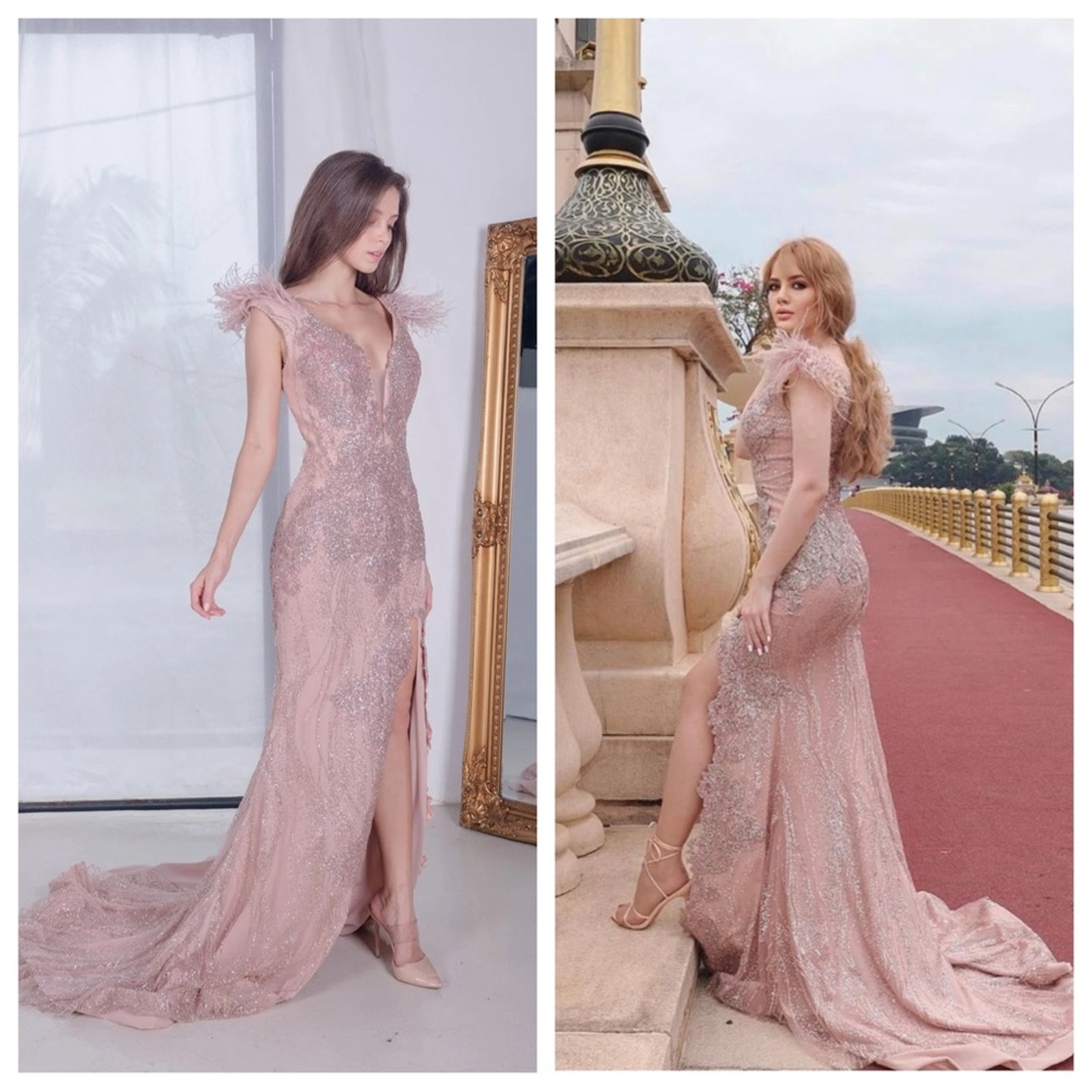Portia And Scarlett Pink Silver Glitter Plunge Gown Train Feathers Size 6 Ps6072